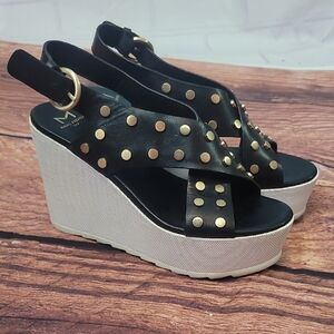 Marc Fisher Miki Black Leather Wedge Sandals